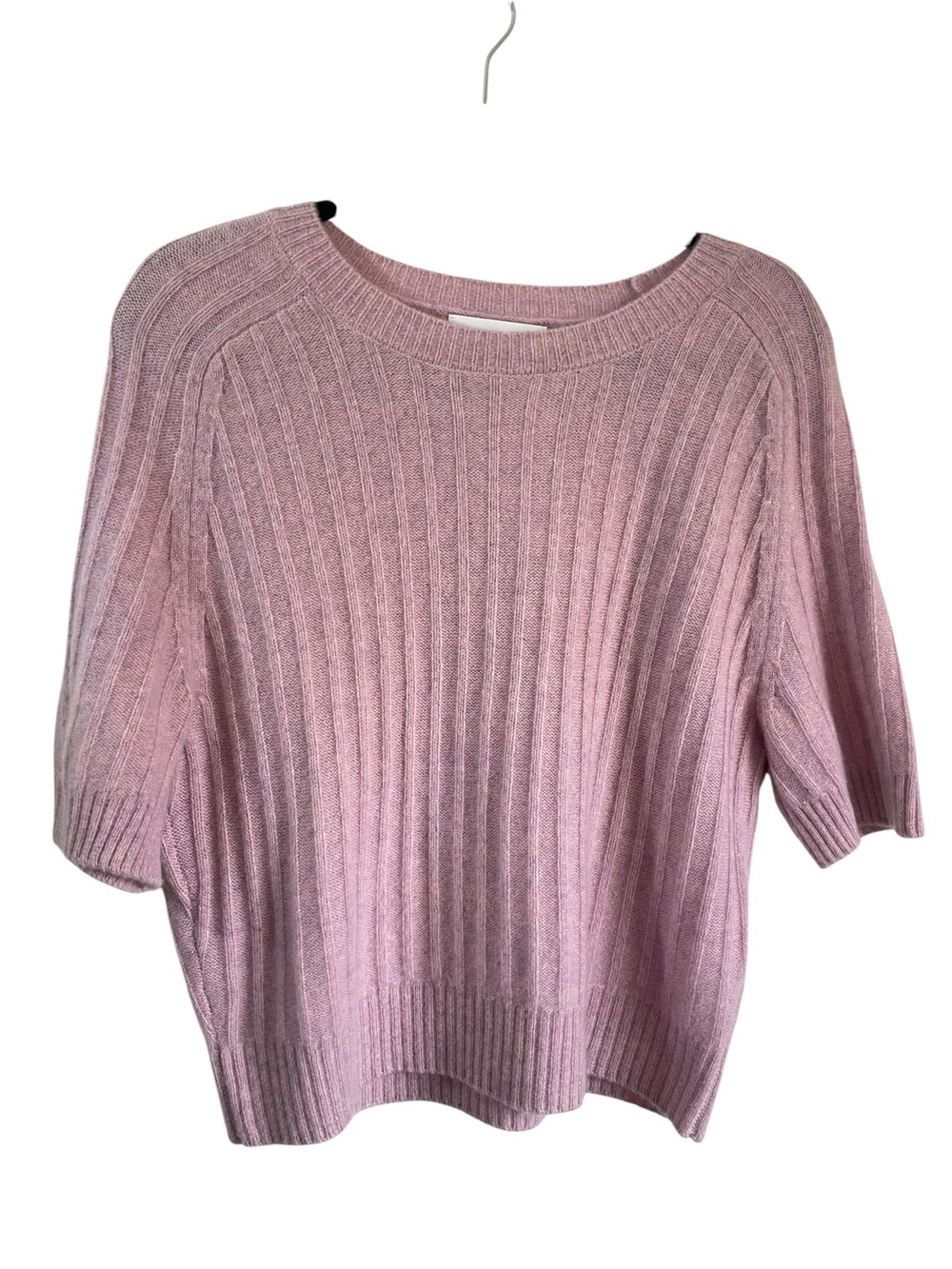 Design History 100% Cashmere Ribbed Short-Sleeve Crew Sweater in Heathered Pink